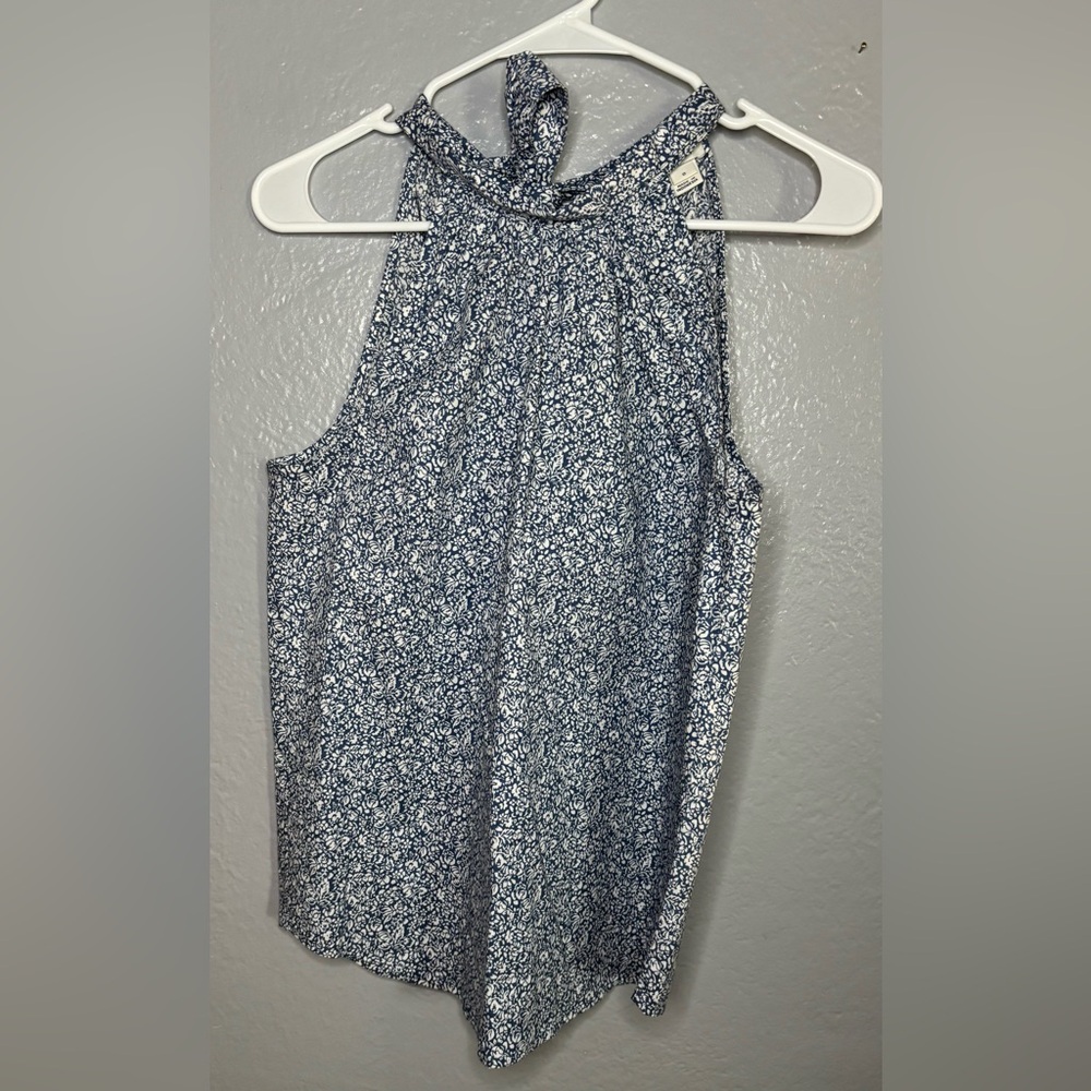 J.Crew Factory‎ Sleeveless Floral Poplin Bow Tie Neck Womens Top Blue SZ 0